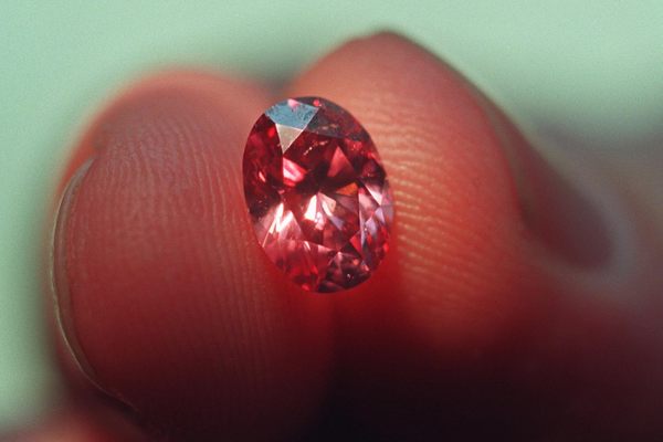 An extremely rare purple-red diamond came from the Argyle volcano and mine in Western Australia, source of almost all of the world's pink diamonds. 