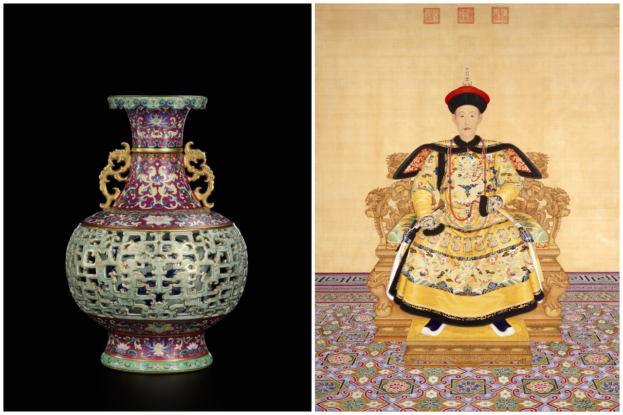 This style of "vase within a vase" was crafted for just two years in the early 1740s (left). The Qianlong emperor ruled from 1735 to 1796 (right).