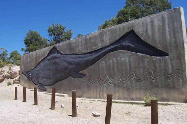 A giant concrete Ichthyosaur beckons you to explore the park.