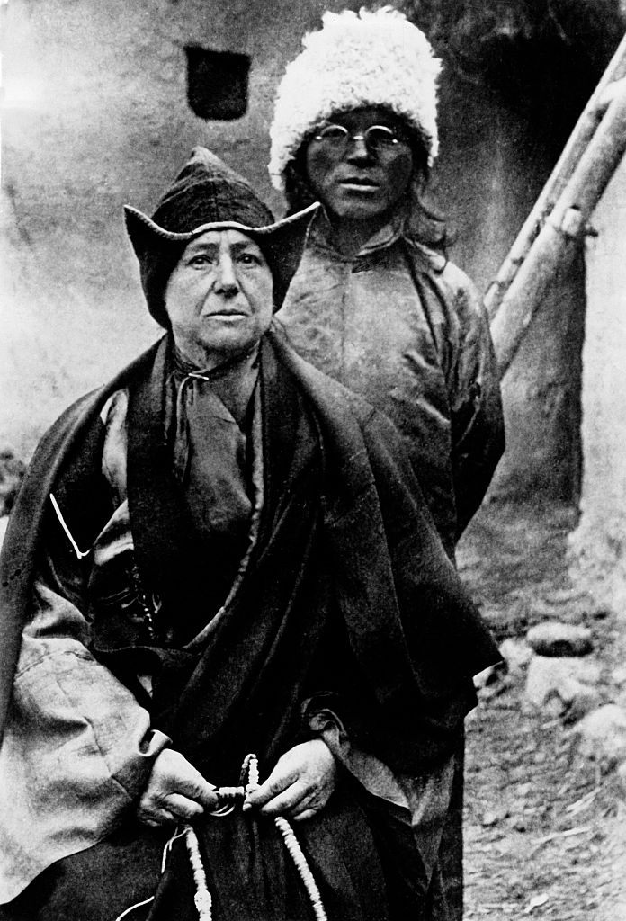 In disguise, David-Néel (here shown in the clothing of Tibetan nuns) entered Lhasa, Tibet, at a time when it was forbidden for foreigners to do so. She is considered the first white woman to visit the city. 