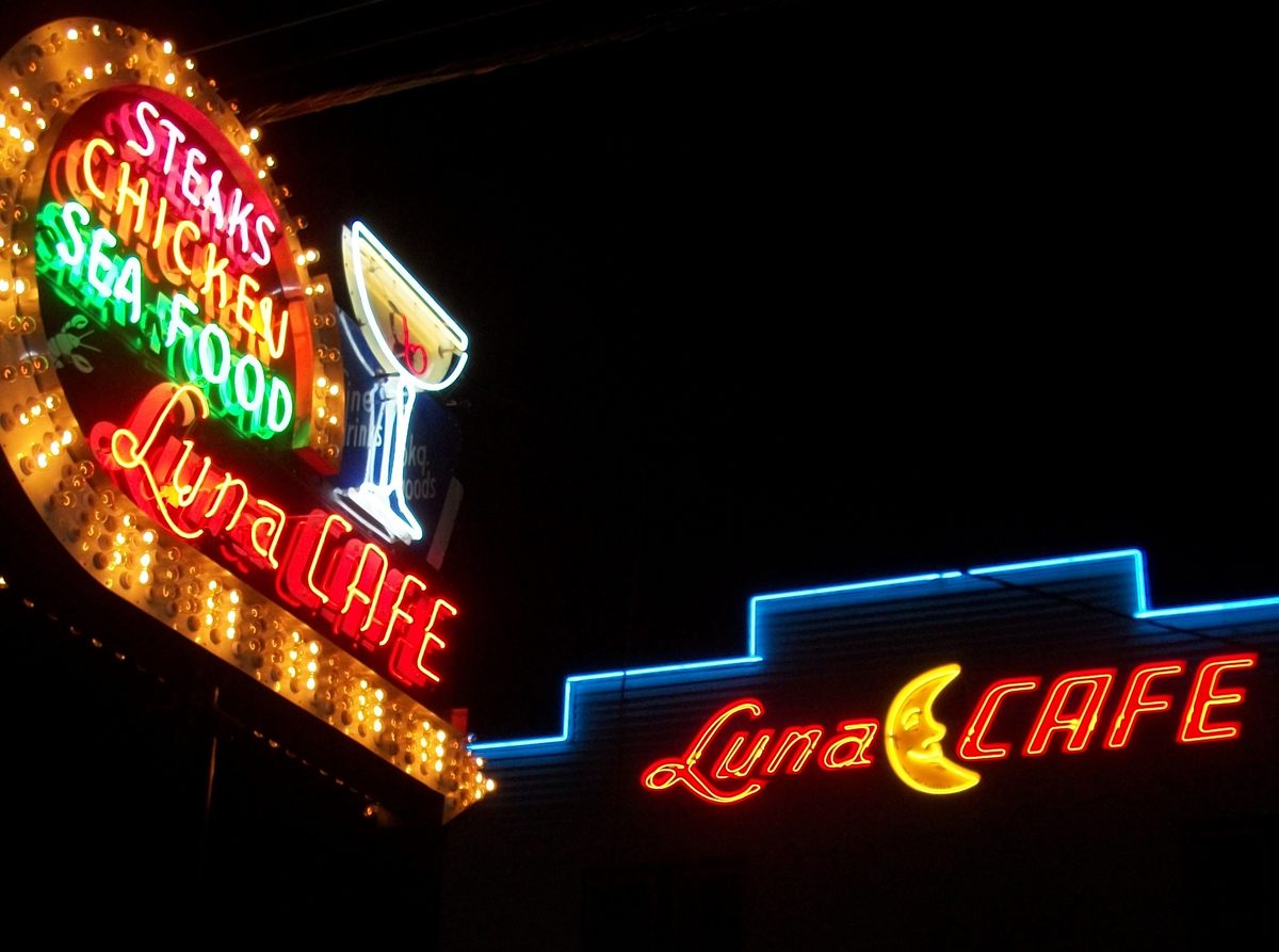 The neon sign for the Luna Cafe in Mitchell, Illinois, which first opened in 1932. The sign was restored in 2012.
