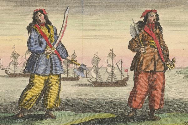 An illustration of Anne Bonny and Mary Read from the 1724 book A General History of the Pyrates.