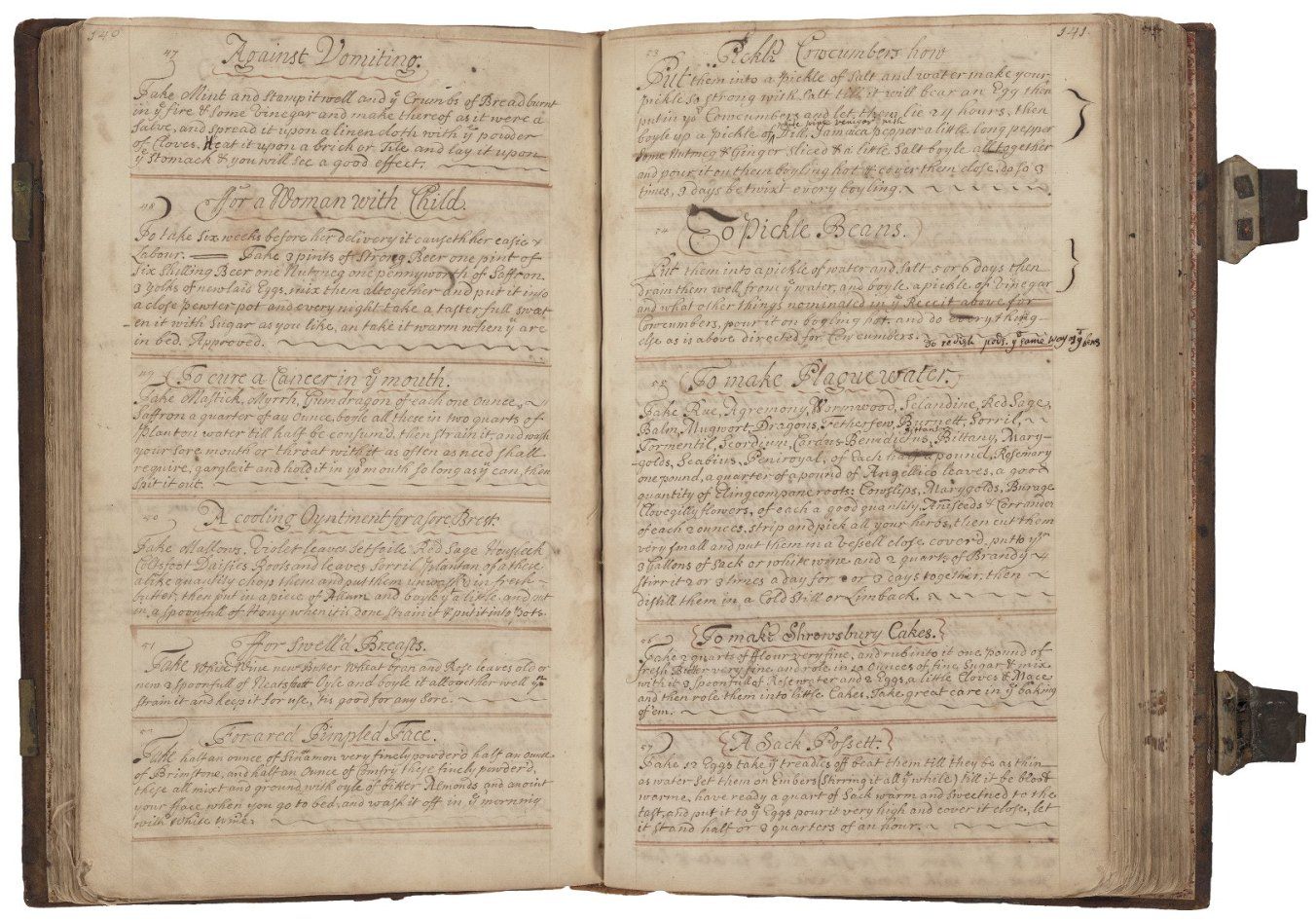 Medicinal recipes, like this plague water recipe from a 1677 cookbook, were often included alongside instructions for how to prepare pickles, poultices, and sweets.