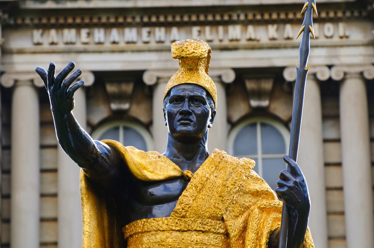 The iconic gilded-brass statue of Kamehameha in Honolulu is very different from the Kaumuali‘i statue in Kaua‘i, says NeSmith. “It’s a different kind of pose with a different kind of purpose."