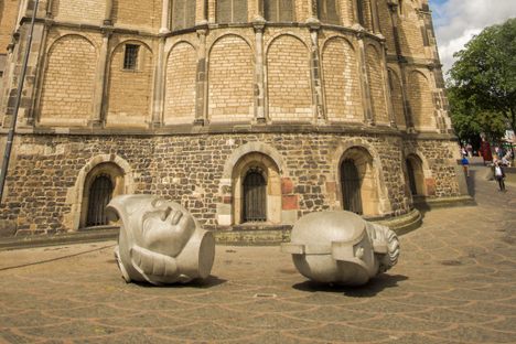 The saints' heads in front of Bonn Minster.