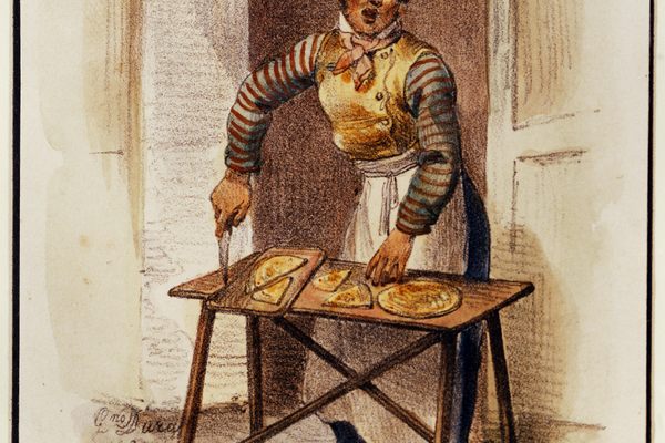 A Neapolitan street vendor selling the other kind of pizza in 1835.