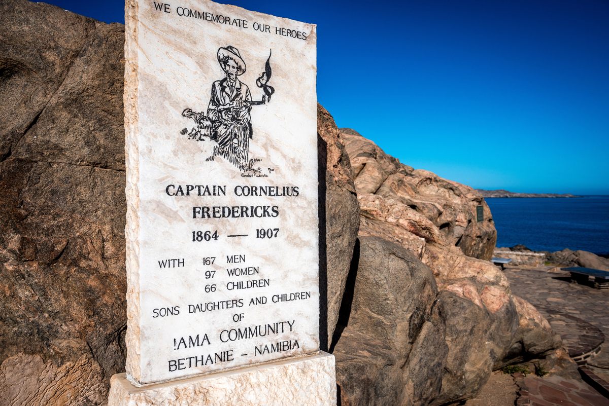 A memorial on Shark Island in the Namibian town of Lüderitz (named for a German colonialist) is dedicated to resistance fighter Cornelius Frederiks and others killed in the genocide.