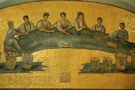 The 20th-century reproduction clears up any gender confusion about the person leading the dinner– thereby obscuring woman's  roles in early Christian communities.