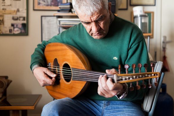 Nazih Ghadban plays one of his ouds. These fretless instruments date back centuries and remain at the center of Arab and Middle Eastern music.