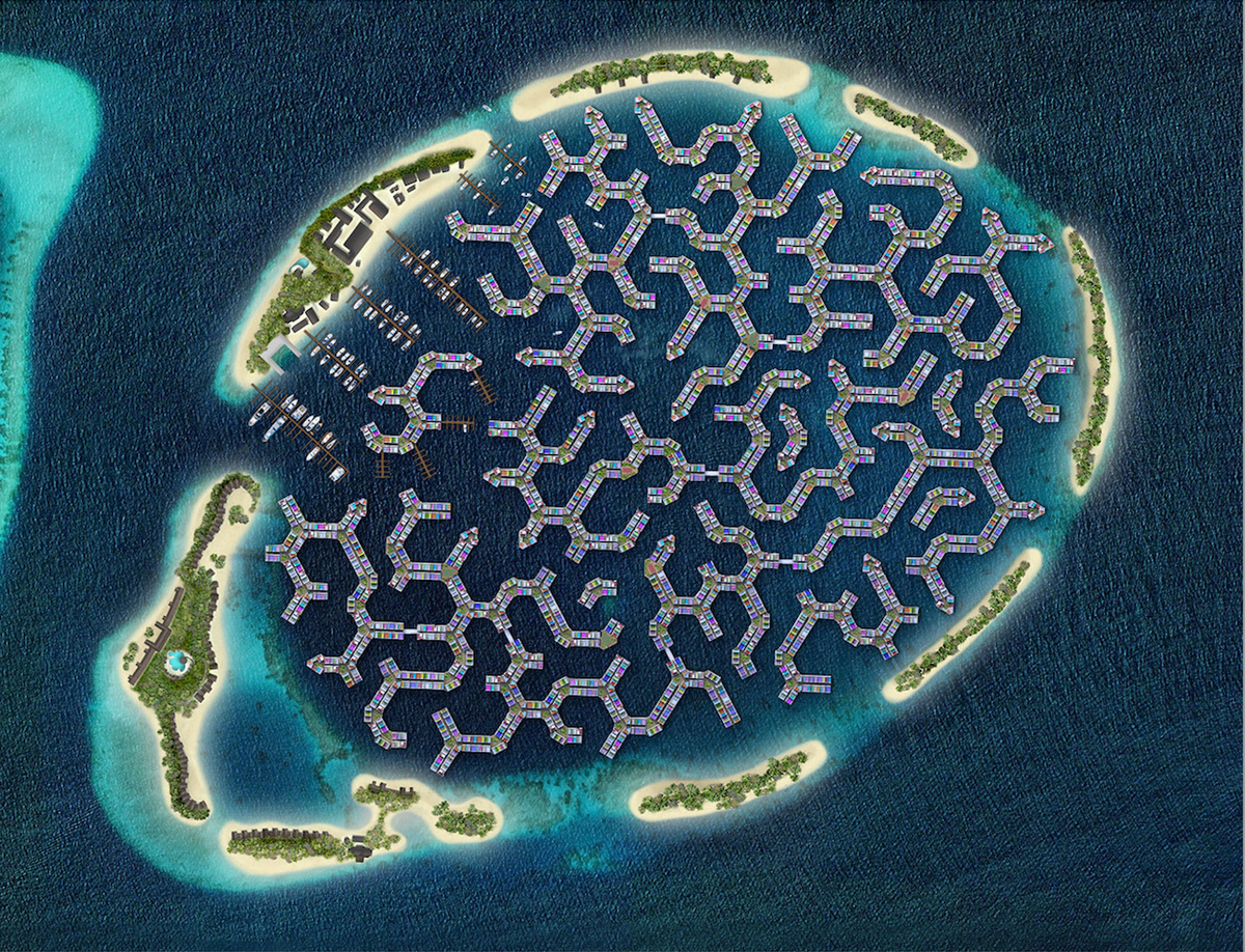 A rendering of a floating city planned for the Maldives, which is threatened by rising seas.