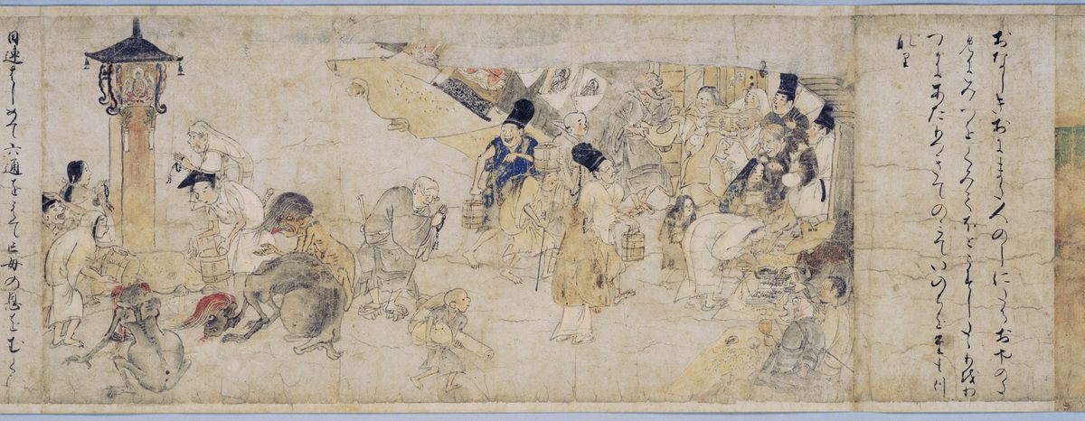 Hungry ghosts are often depicted with enormous stomachs but tiny mouths and necks, which no amount of food could ever fill, from the Kyoto Ghosts Scroll.