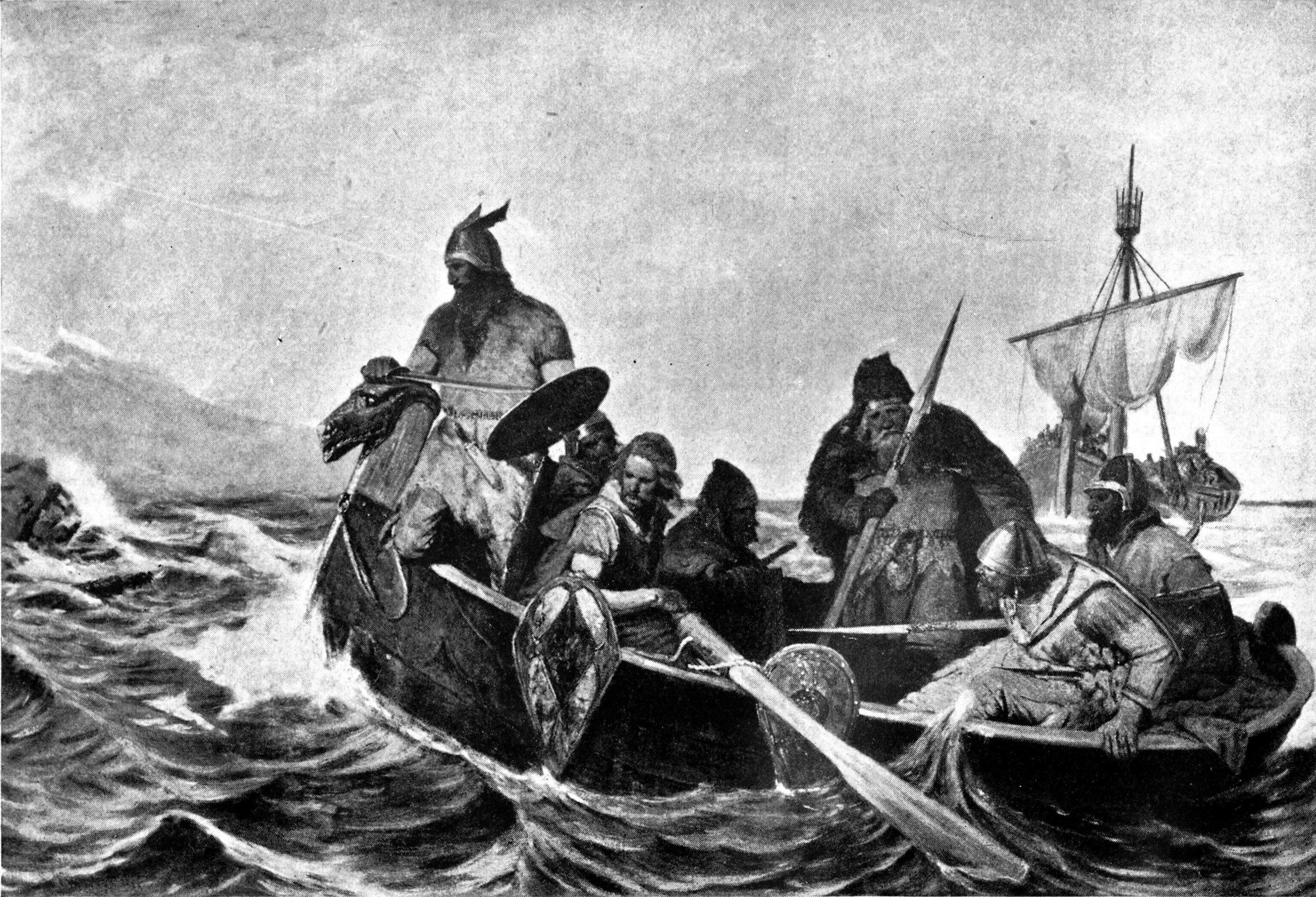 A 1909 illustration of Vikings—a variety of weapons in hand.