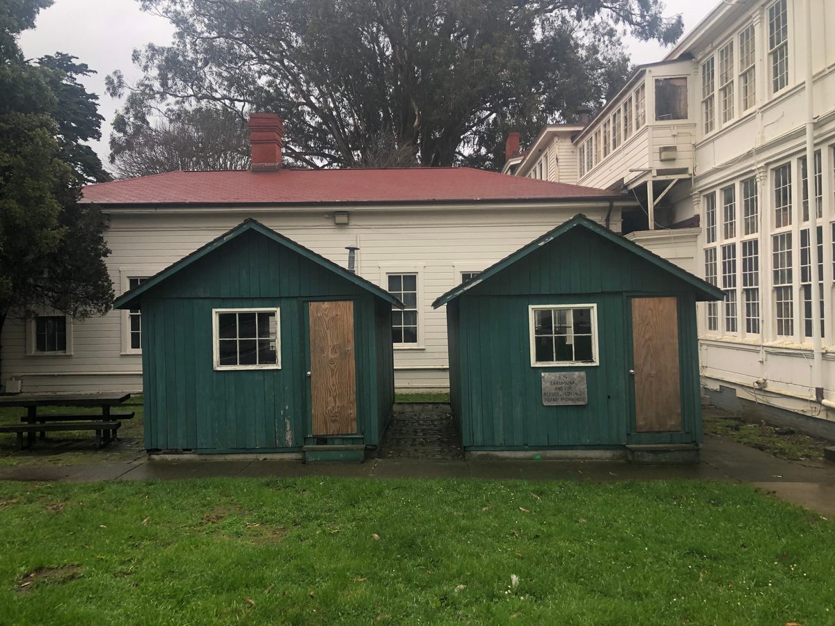 A couple of shacks remain behind the Old Post Hospital on Mesa Street in San Francisco’s Presidio. The "Goldie Shacks," as they are known, resemble the cottages as they looked in 1906, complete with the drab green paint job.