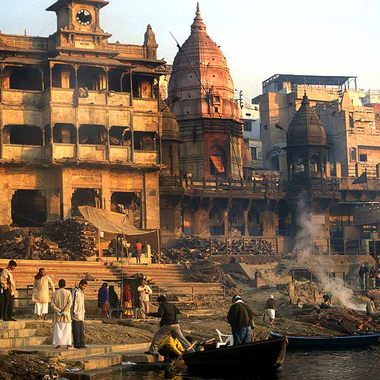 Hindu burning ghats along the banks of the sacred Ganges River in Varanasi.
