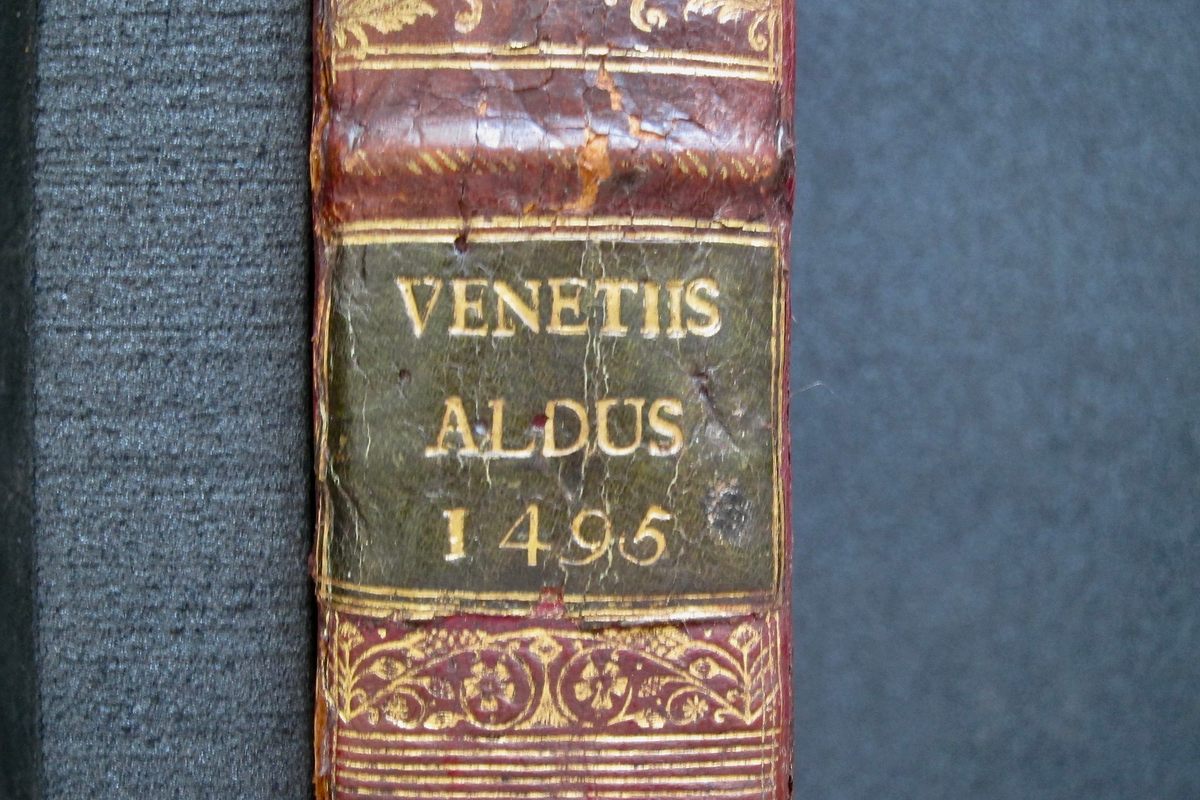 The spine mark of Venetian printer Aldus Manutius, on a 1495 edition of Aristotle's <em>Organon</em>. 