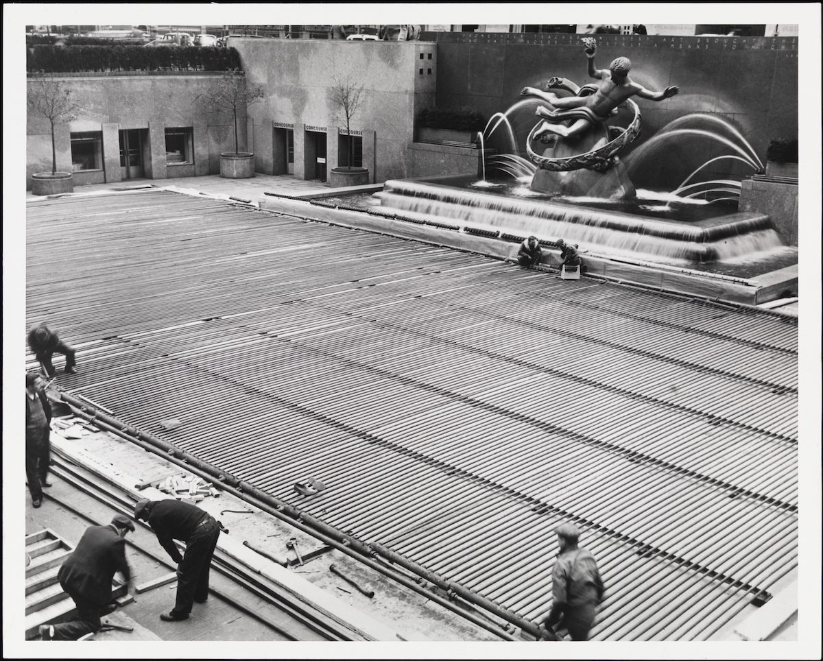 <em>Water pipes at Rockefeller Center skating rink</em>, 1936.