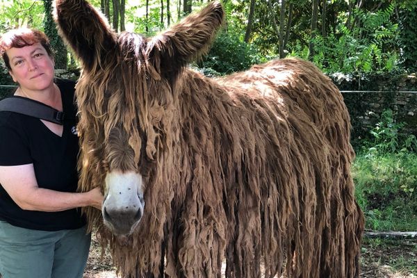 Jeannette Beranger with a Poitou donkey, her favorite heritage breed.
