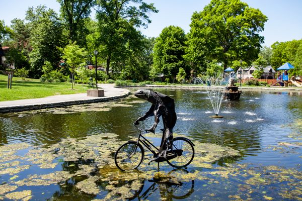 The fish bikes across Lewis Park pond.