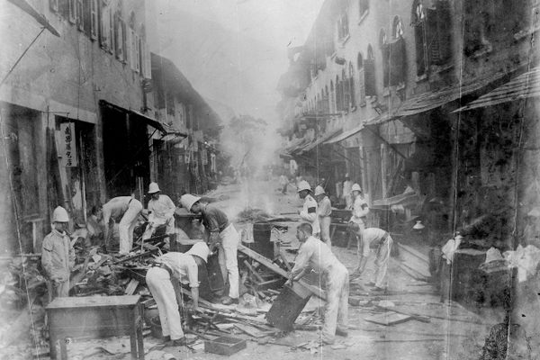 The Shropshire Regiment amid the destruction of homes in Hong Kong, 1894.