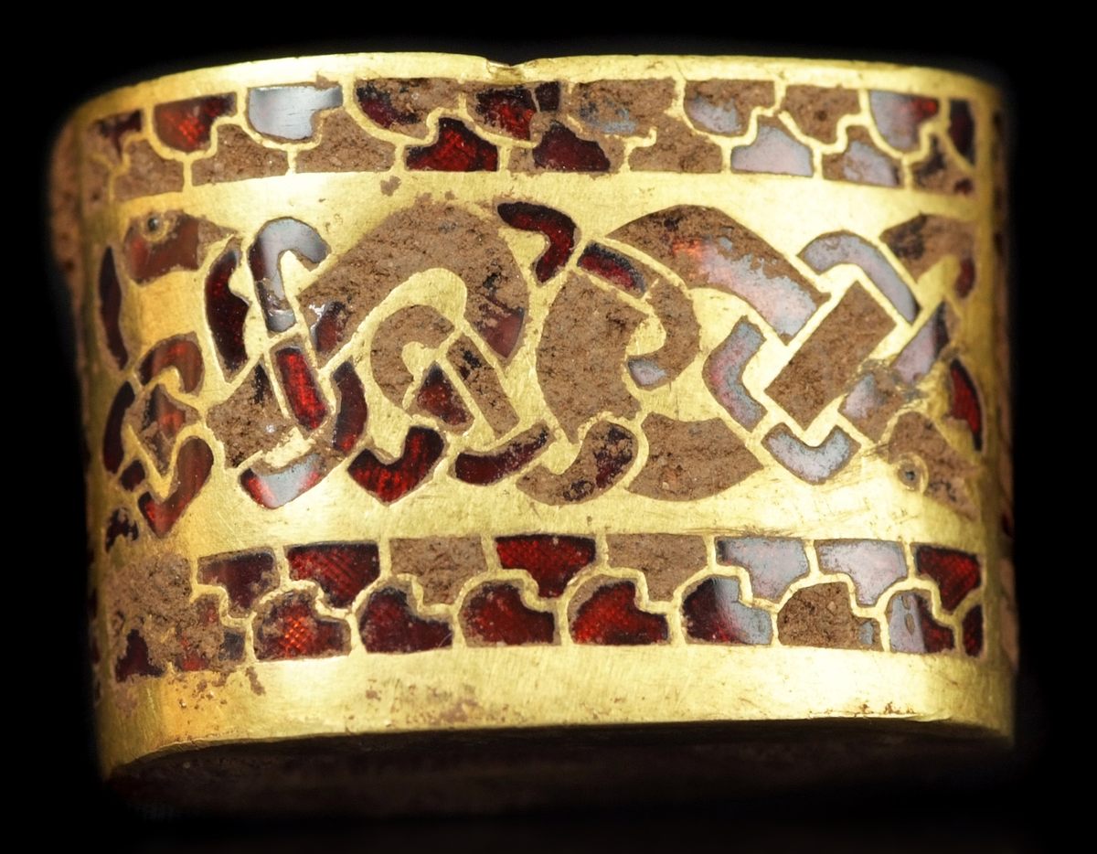 A hilt fitting from the Staffordshire Hoard, which was found in 2009. It was determined to be treasure and bought by two English museums.