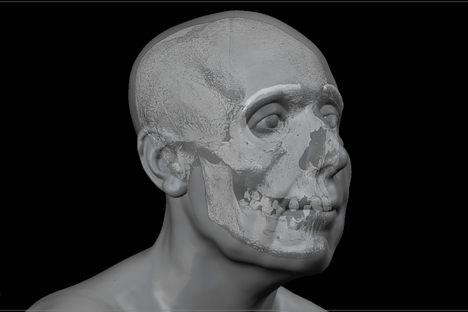 The skull of Lilias Adie, an accused witch, is superimposed over her face in this 2018 reconstruction by forensic artist Christopher Rynn.