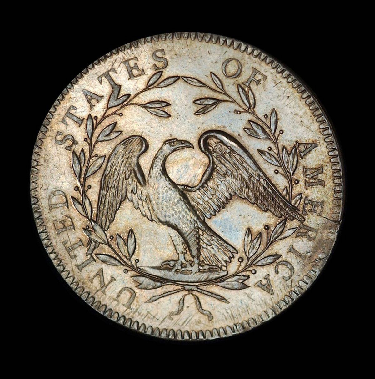 The backs of 1794 dollar coins show a narrow-necked eagle with a furrowed brow.