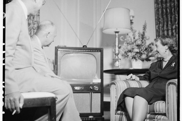 Dwight and Mamie Eisenhower watching a television during the Republican National Convention, Chicago, Illinois Date	1952 July