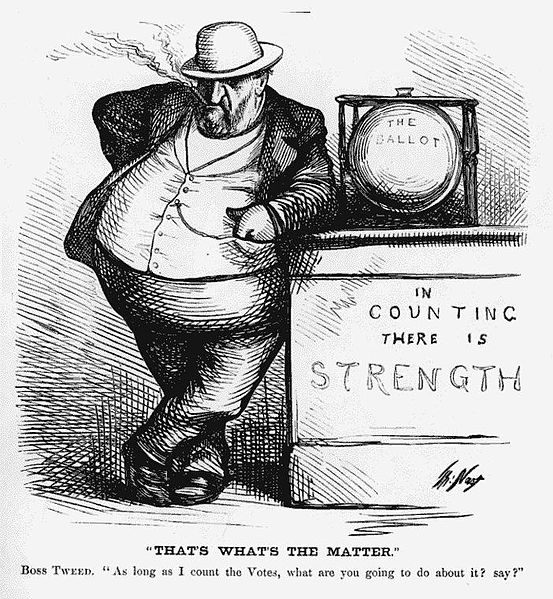 William "Boss" Tweed stands threateningly next to a glass ballot box. The Thomas Nast cartoon, published in 1871, demonstrated the flaws of the box.  