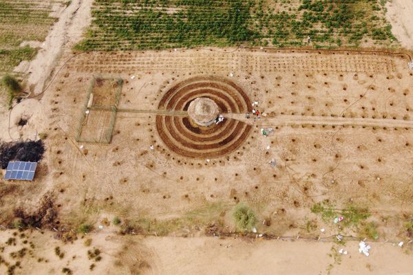 An aerial view of a newly built tolou keur garden in Boki Diawe, within the Great Green Wall area, in Matam region, Senegal.