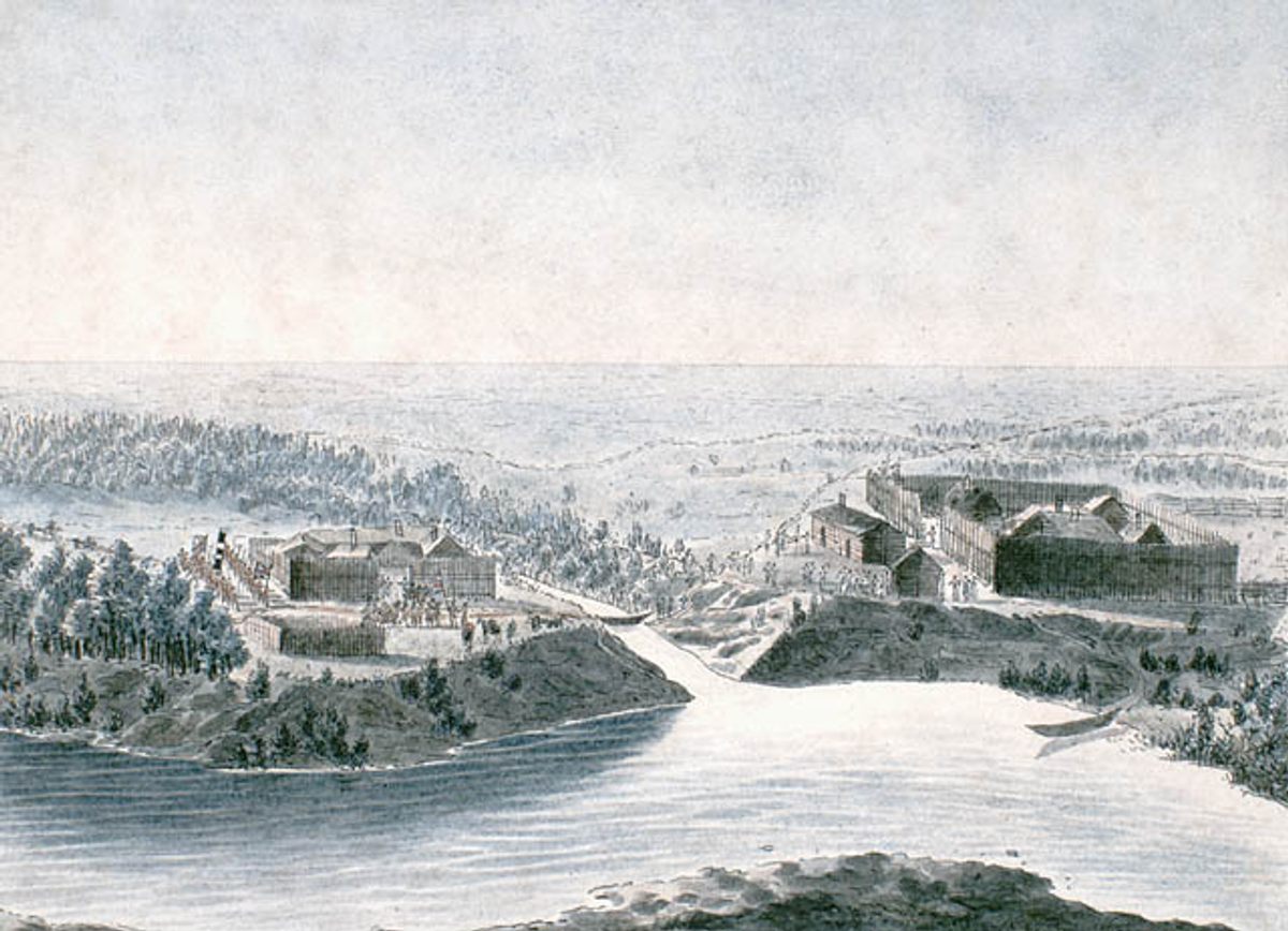 Fort Daer of the Hudson's Bay Company, and across the Pembina River on the right, old Fort Pembina built by the North West Company. In 1807, Gunn was working at the Pembina trading post when she went into labor.