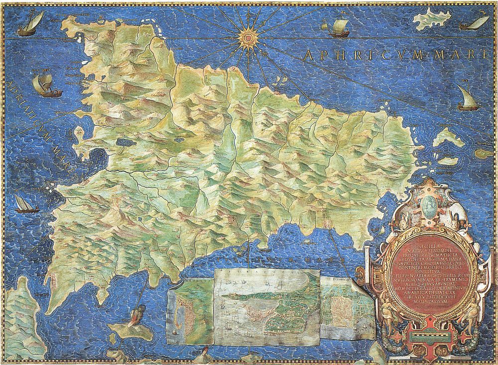 A (reversed) 16th-century map of Sicily. The sun's rays are pointing towards the Conca D'Oro