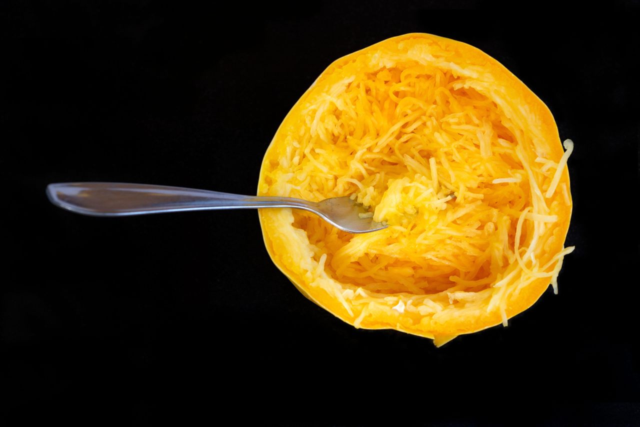Cutting spaghetti squash across its short end results in longer "noodles."
