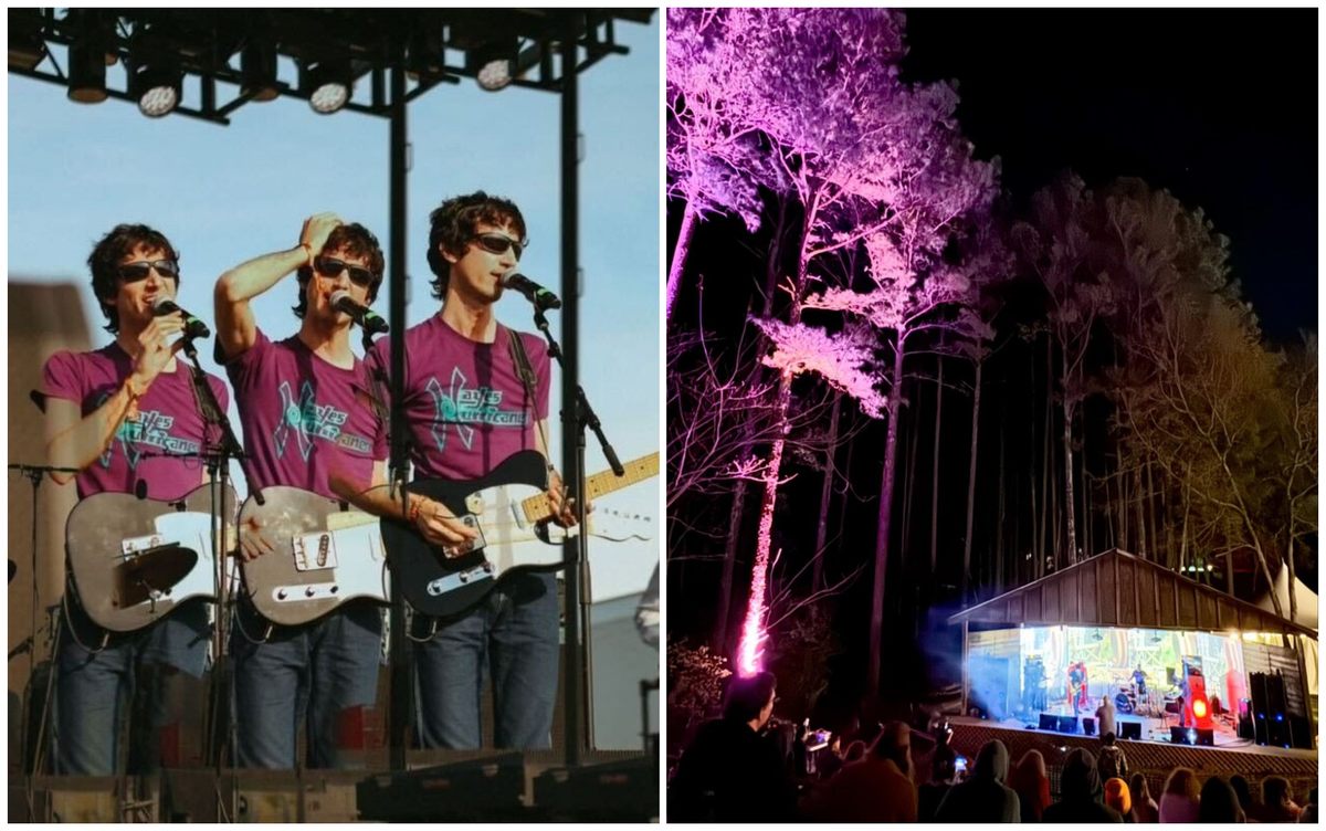 Video Age performs on the sunny Supernova stage (left); Expo 70 live scores the film <em>A Trip to the Moon</em> on the shady Big Star stage (right).