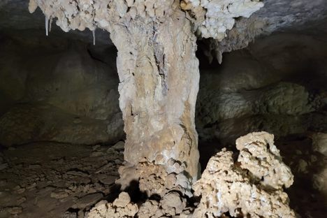 A large mineral column within a dark cave
