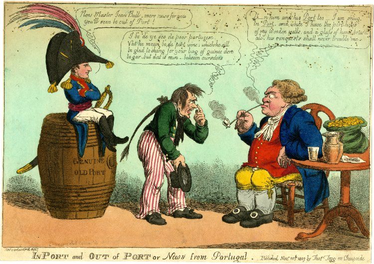 The conflicting interests of the French and English on Portuguese soil are parodied in this 1807 cartoon, which depicts a tiny Napoleon sitting atop a barrel of Port wine. 