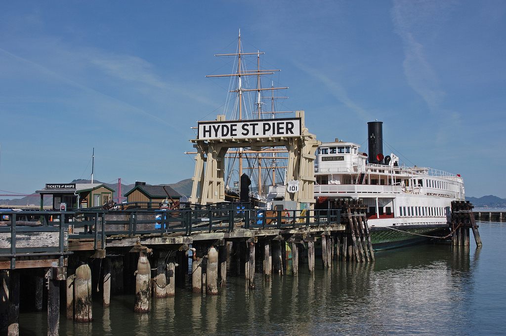 The <em>Eureka</em> steam ferry boat moored at San Francisco's Hyde St Pier.