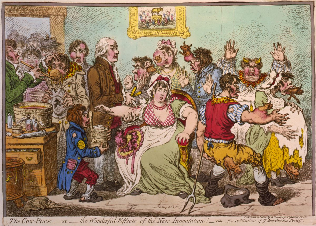 In this 1802 caricature depicting early anti-vaccination sentiment, Jenner inoculates patients, who then develop bovine features and growths.