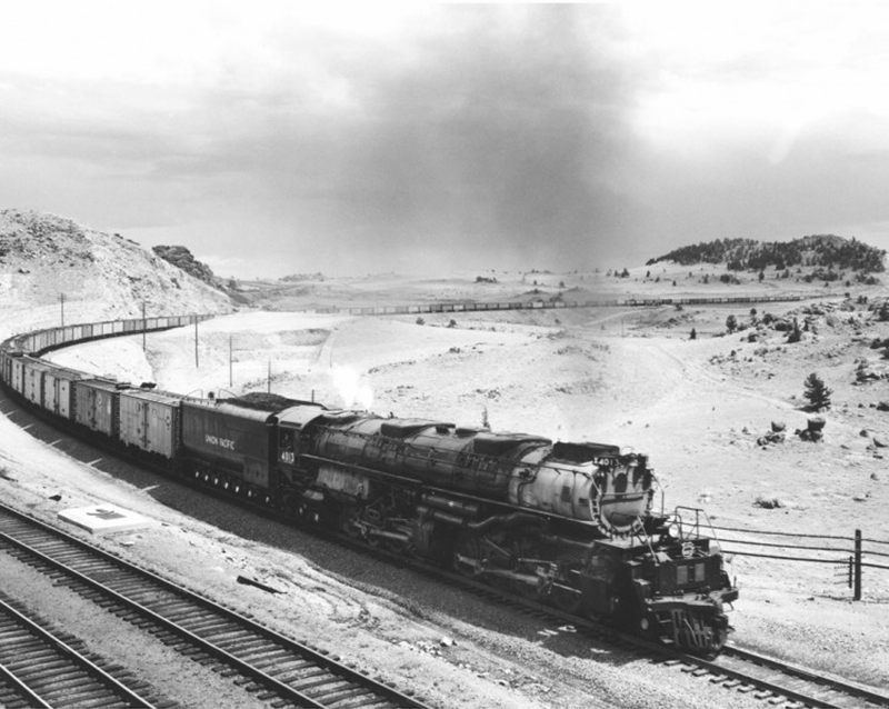 Locomotive No. 4013, another "Big Boy," makes the curve onto the main line from the new number 3 track on Sherman Hill in Wyoming.