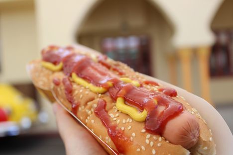 A hot dog gazes into the distance.