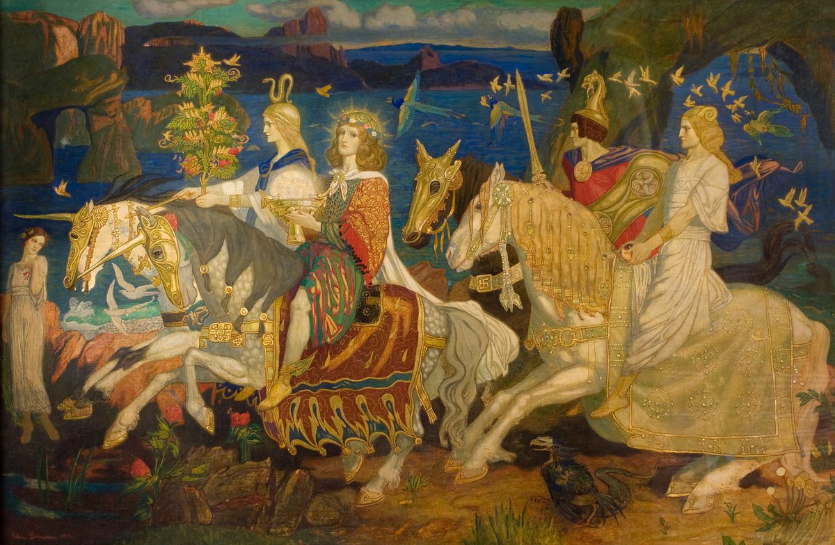 John Duncan's <em>Riders of the Sidhe</em> (1911) depicts highly stylized fairies in the Irish tradition. 