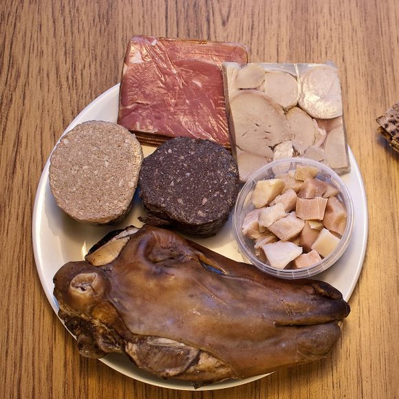 A spread of traditional foods for Þorrablót, including sour rams' testicles.