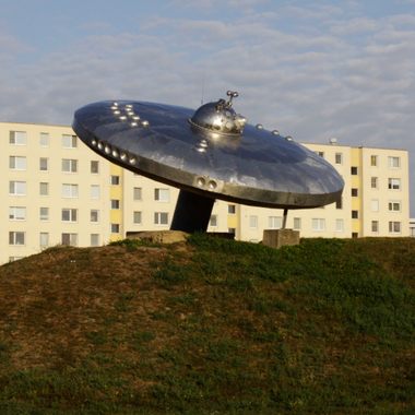 The sculpture tops a small hill in the middle of the park