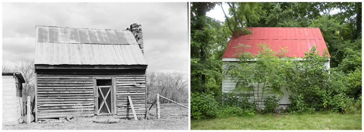 A slave cabin at the Green Hill Plantation in Campbell County, Virginia, in 1933 and in 2014.