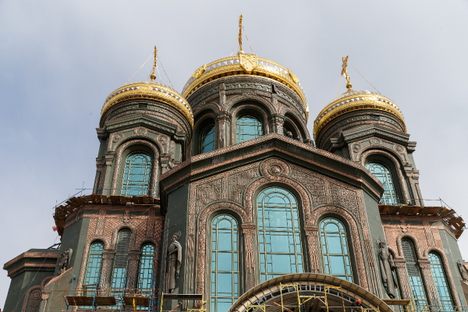 Reflective windows and gleaming onion domes. 