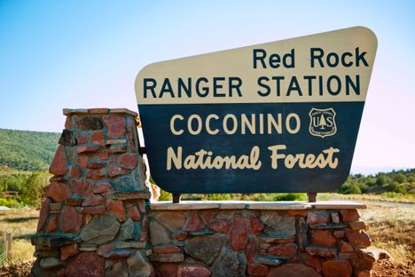 A cream-colored accent lets visitors to Arizona's Coconino National Forest know they have reached the Red Rock Ranger Station.