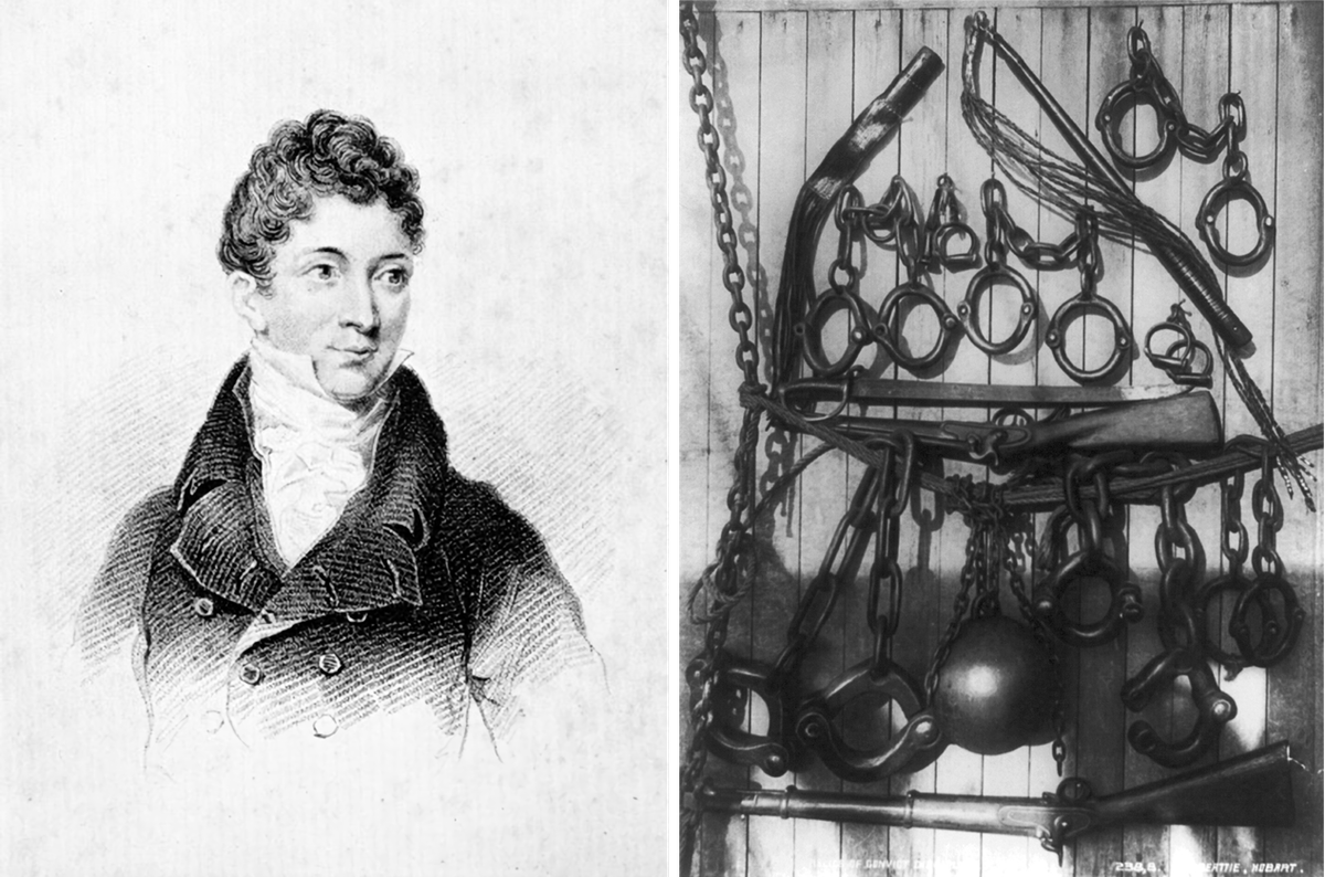 James Hardy Vaux (left), and restraints (right) known in flash as "darbies" in Hobart, Tasmania.