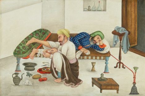 In an image from James Skinner's book on life in India, a surgeon works on the leg of a patient as he takes opium. 