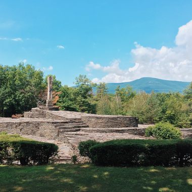 A view of Opus 40 from the eastern edge of the quarry