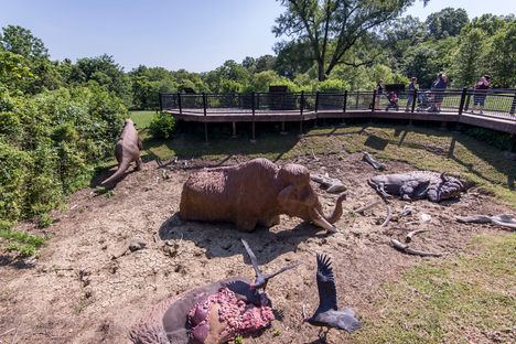 The diorama pit in Big Bone Lick State Historic Site depicts a scene of the mammoths, mastodons, and bison that frequented the area thousands of years ago.