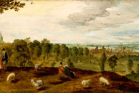 A painting from around 1620 depicts the tiltyard towers, right, where the lawn of the Queen's House lies today.